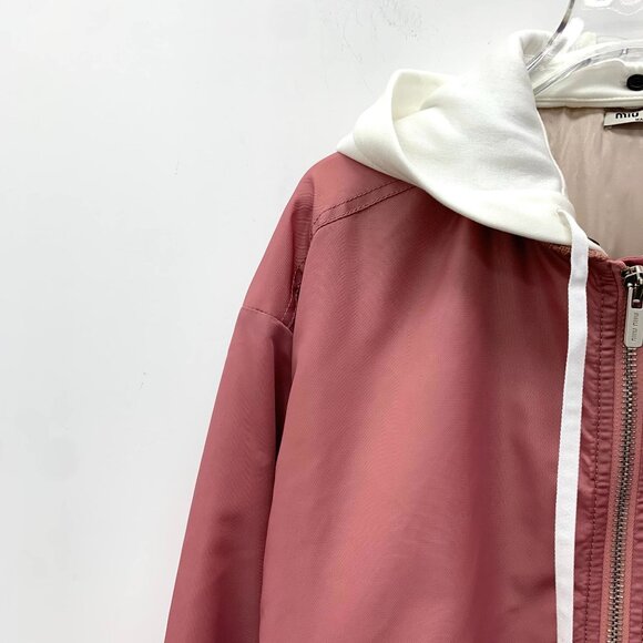 Miu Miu Pink Long-Sleeved Bomber Jacket W/ White Attached Hoodie & Zipper Closur - Picture 8 of 8